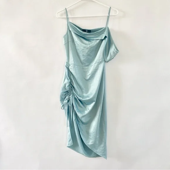 NWT Missguided Satin One Shoulder Asymmetric Ruched Side Midi Dress Blue 2 - Picture 8 of 16